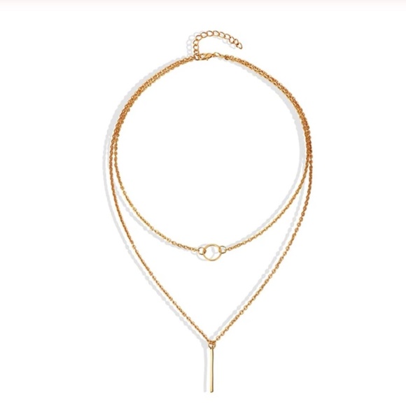 Gold Circle Bar Tassel Pendant Layered Necklace - Picture 2 of 6